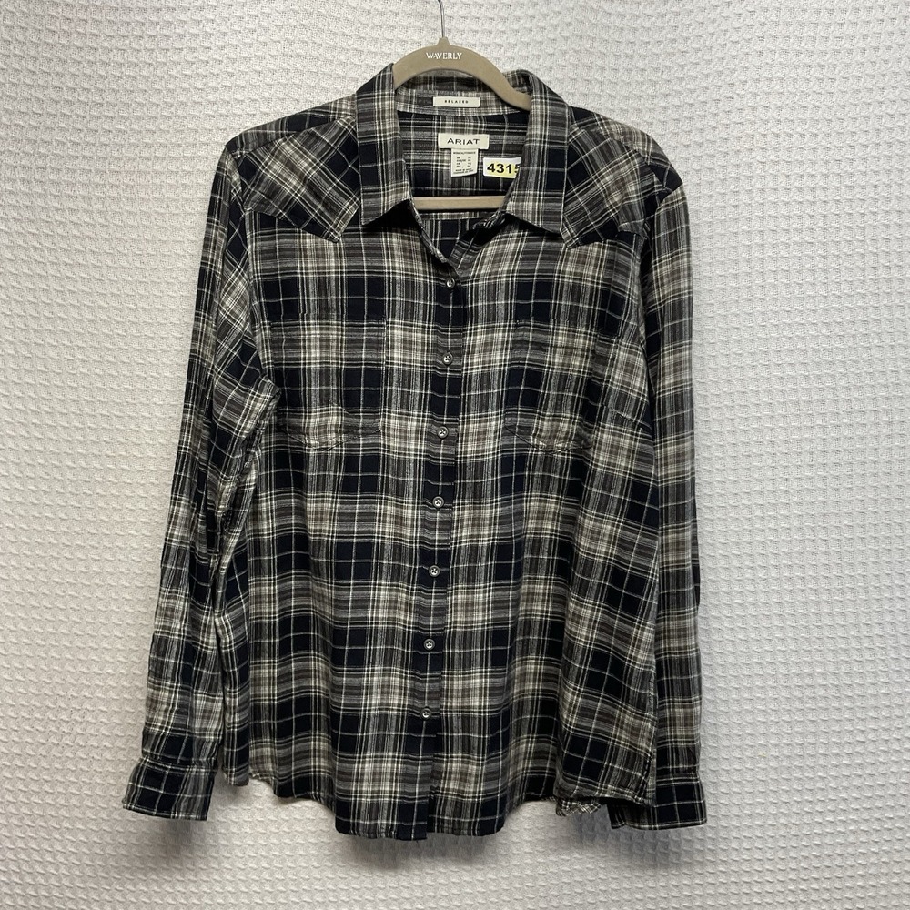 Ariat Shirt Womens XL Black Green Plaid Gingham‎ Button Down Fitted Western